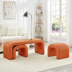 Set of 3 U-Shaped Modern Bench Teddy  Ottoman Bench for Entryway, Bedroom End of Bed, Set of 3 Small Sofa Footrest Extra Seating for Living Room, 44+18 Inch Bench Bench & Ottoman- Orange