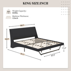 King Size Upholstered Bed Frame, Pu Leather Platform Bed with Wave-Like Curve Design and Trapezoidal-Shaped Leg, No Box Spring Needed, Black
