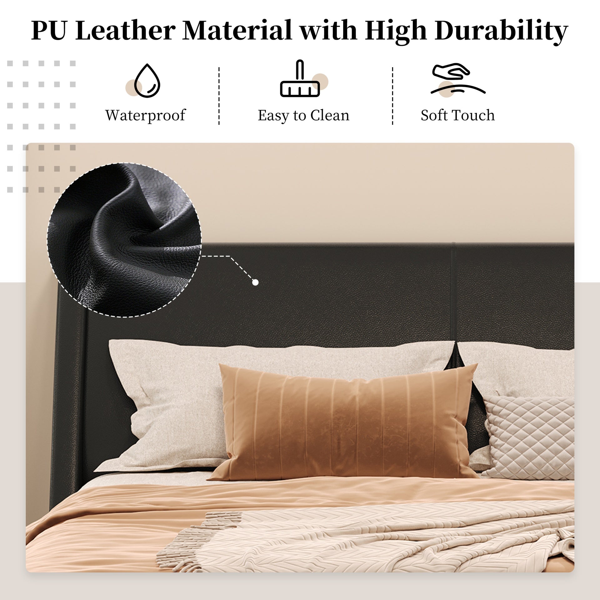 King Size Upholstered Bed Frame, Pu Leather Platform Bed with Wave-Like Curve Design and Trapezoidal-Shaped Leg, No Box Spring Needed, Black