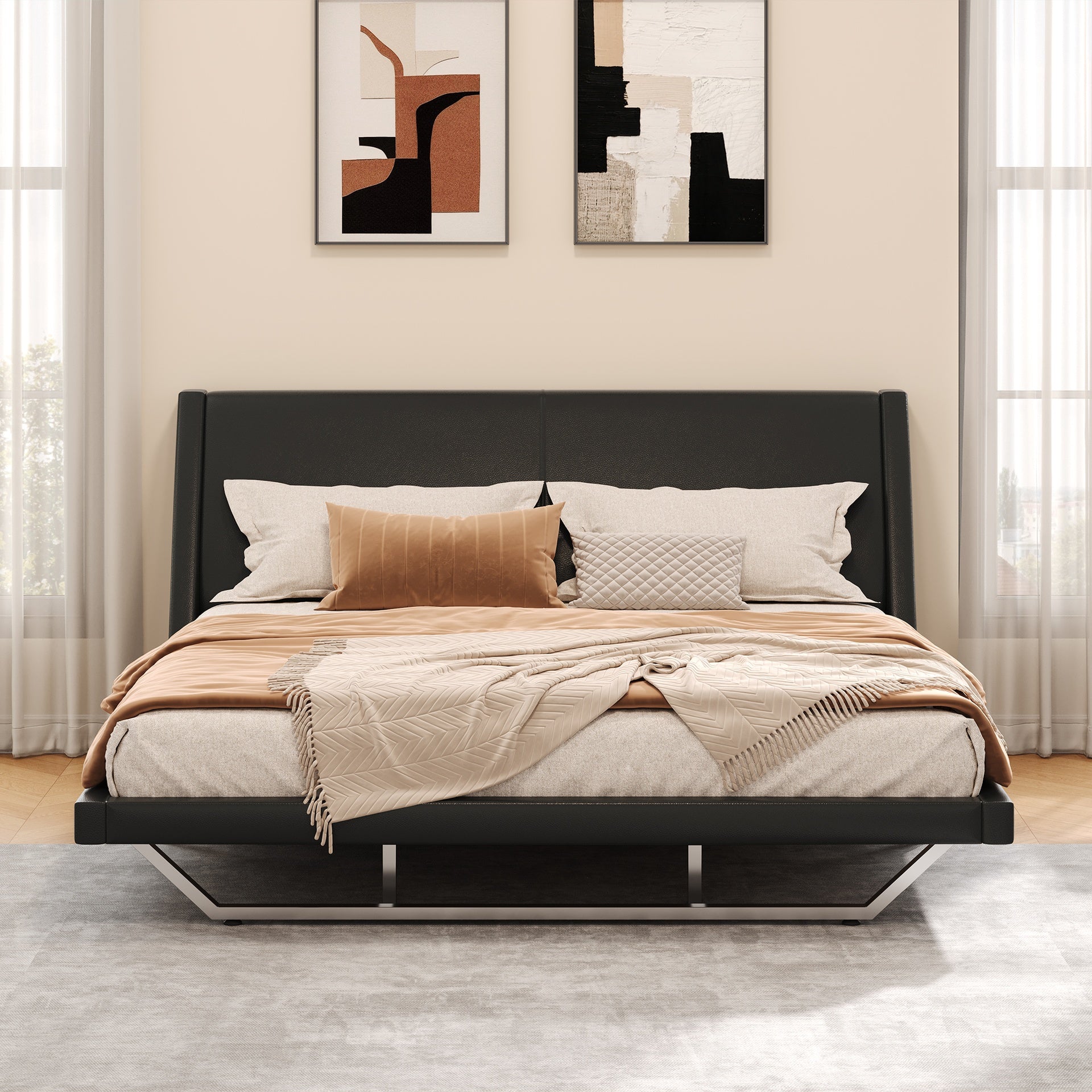 King Size Upholstered Bed Frame, Pu Leather Platform Bed with Wave-Like Curve Design and Trapezoidal-Shaped Leg, No Box Spring Needed, Black