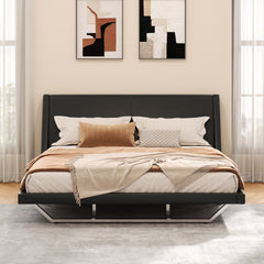 King Size Upholstered Bed Frame, Pu Leather Platform Bed with Wave-Like Curve Design and Trapezoidal-Shaped Leg, No Box Spring Needed, Black