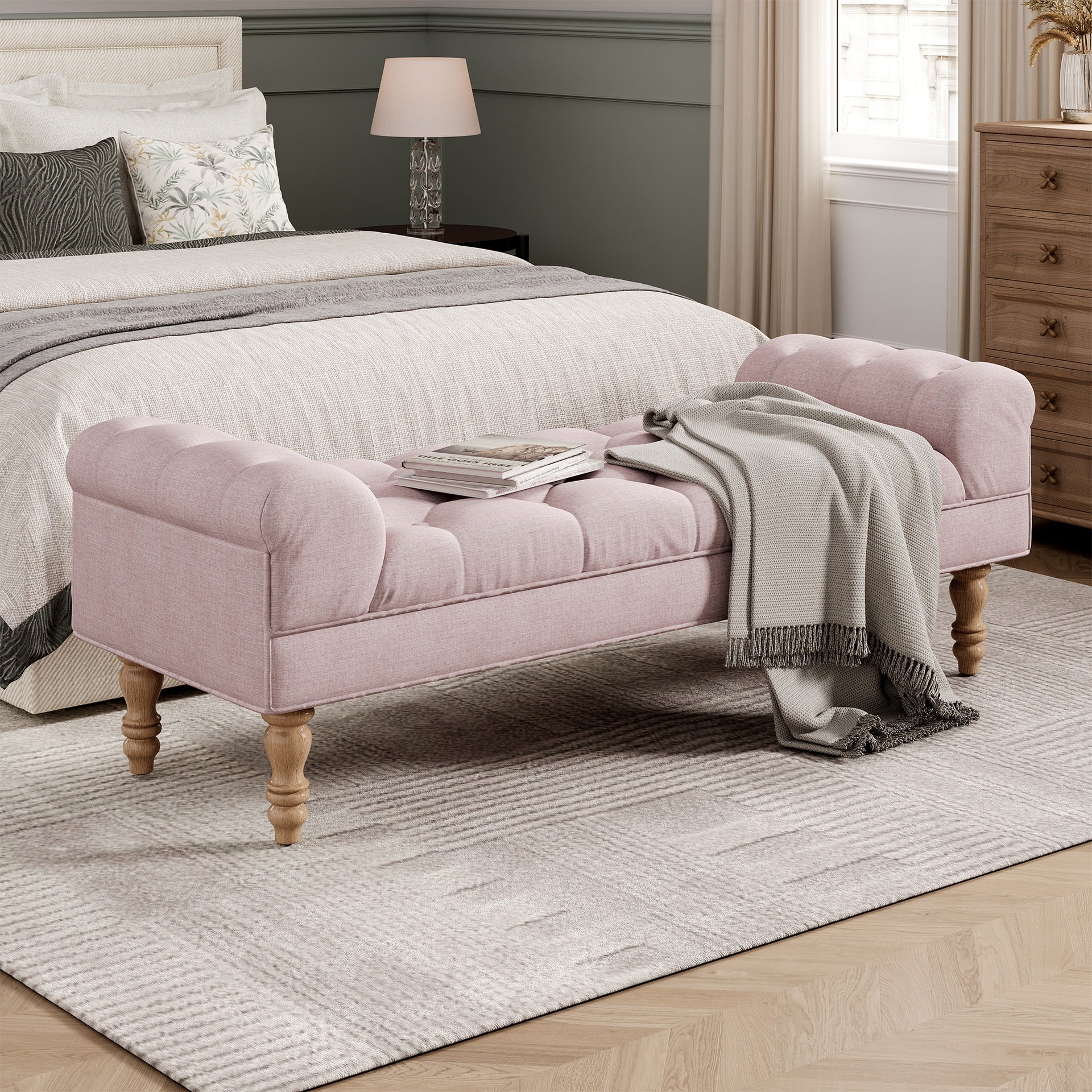 Button-Tufted End of Bed Bench,Large Upholstered Ottoman,Foot Rest with Legs,Footstool with Rolled Arms,Upholstered Fabric Bench,Indoor Bench for Bedroom,Living Room,Entryway,Pink