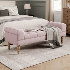 Button-Tufted End of Bed Bench,Large Upholstered Ottoman,Foot Rest with Legs,Footstool with Rolled Arms,Upholstered Fabric Bench,Indoor Bench for Bedroom,Living Room,Entryway,Pink