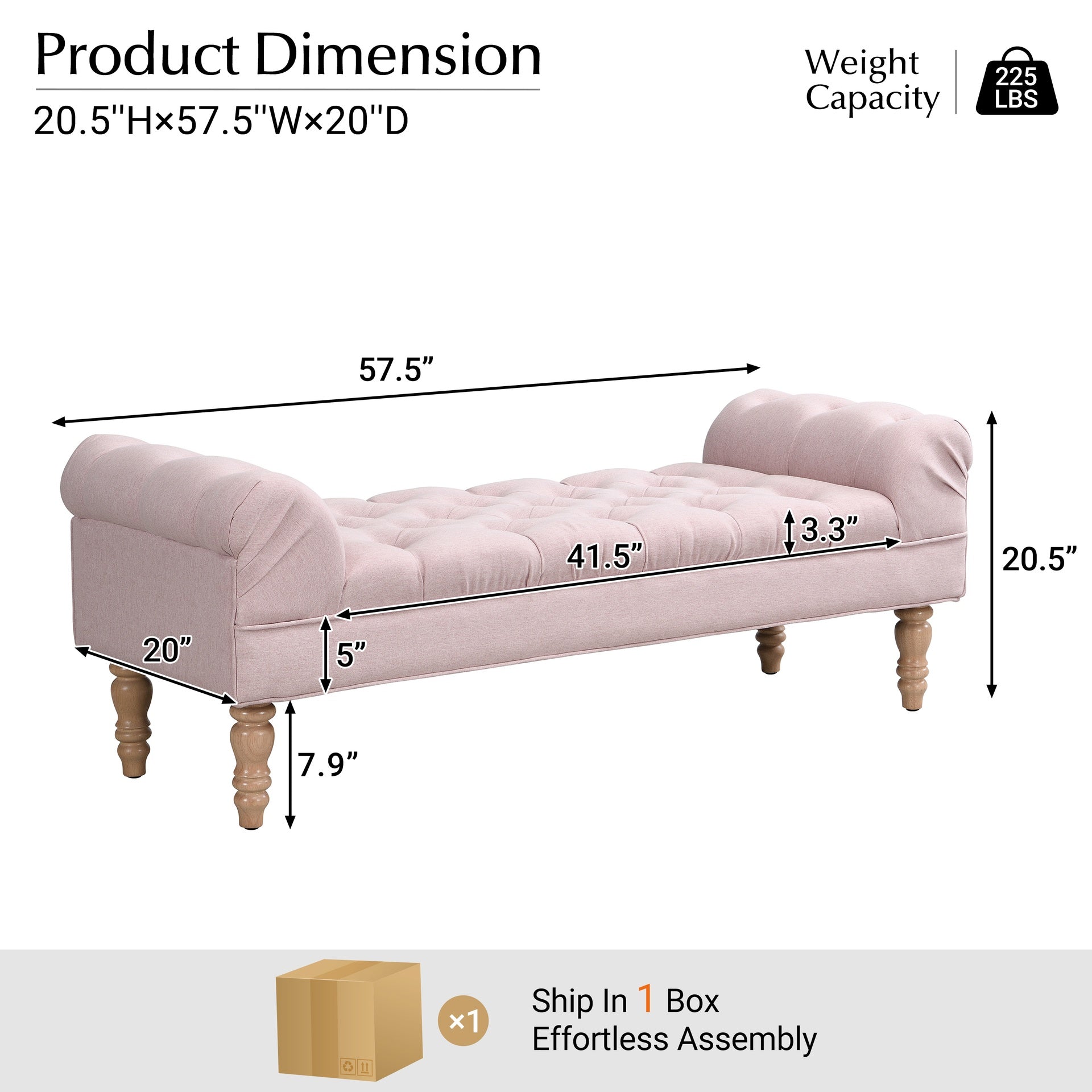 Button-Tufted End of Bed Bench,Large Upholstered Ottoman,Foot Rest with Legs,Footstool with Rolled Arms,Upholstered Fabric Bench,Indoor Bench for Bedroom,Living Room,Entryway,Pink