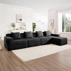 Modular 4 Seat L Shape Sectional Boneless Sofa, Cloud Sectional Couch with Deep Seat, Modern Modular 4-Seat Sofa Couch with Throw Pillows and 1 Movable Ottoman, Corduroy Fabric Black