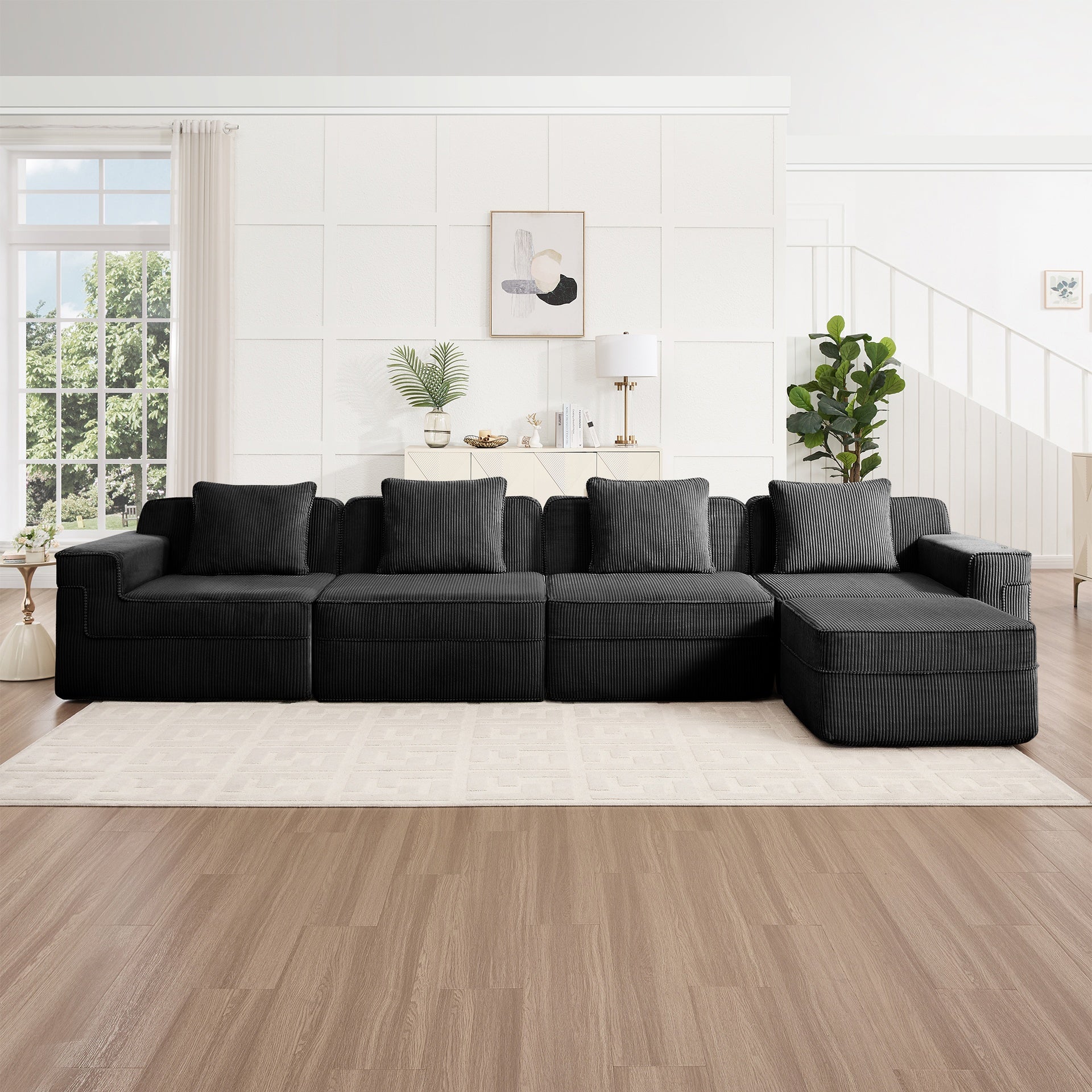 Modular 4 Seat L Shape Sectional Boneless Sofa, Cloud Sectional Couch with Deep Seat, Modern Modular 4-Seat Sofa Couch with Throw Pillows and 1 Movable Ottoman, Corduroy Fabric Black