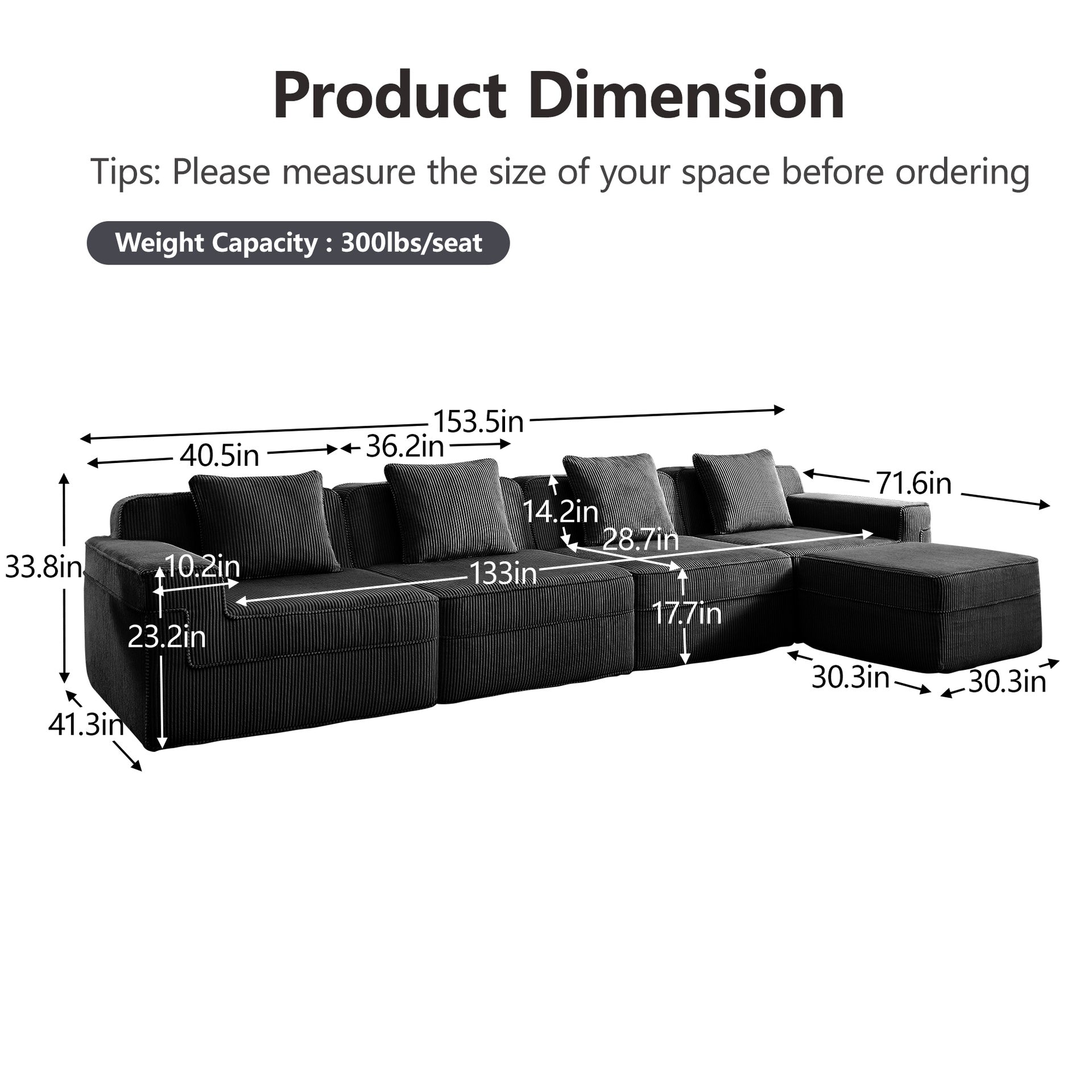 Modular 4 Seat L Shape Sectional Boneless Sofa, Cloud Sectional Couch with Deep Seat, Modern Modular 4-Seat Sofa Couch with Throw Pillows and 1 Movable Ottoman, Corduroy Fabric Black