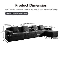 Modular 4 Seat L Shape Sectional Boneless Sofa, Cloud Sectional Couch with Deep Seat, Modern Modular 4-Seat Sofa Couch with Throw Pillows and 1 Movable Ottoman, Corduroy Fabric Black