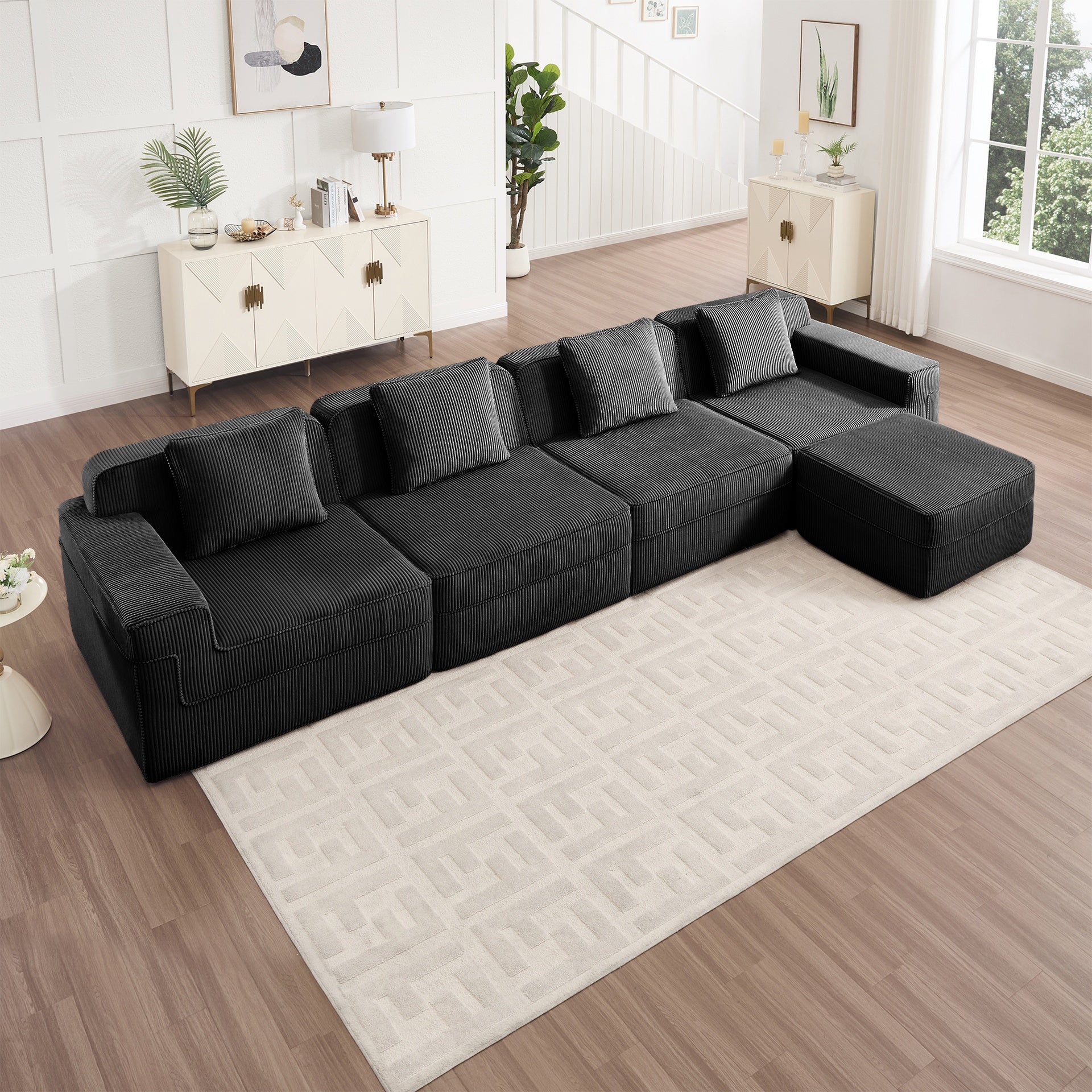 Modular 4 Seat L Shape Sectional Boneless Sofa, Cloud Sectional Couch with Deep Seat, Modern Modular 4-Seat Sofa Couch with Throw Pillows and 1 Movable Ottoman, Corduroy Fabric Black