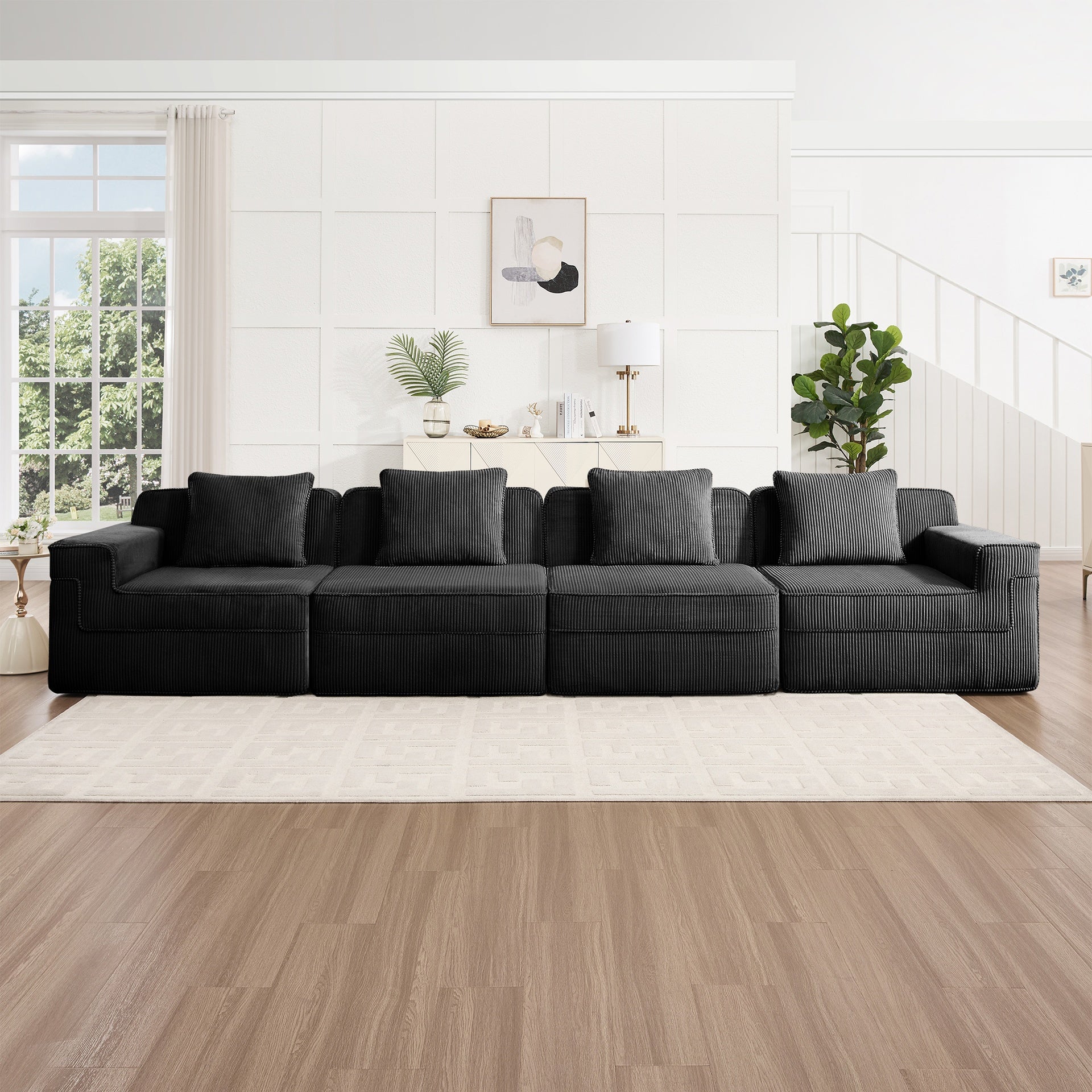 Modular 4 Seat Boneless Sofa, Cloud Sectional Couch with Deep Seat, Modern Modular 4-Seat Sofa Couch with Throw Pillows Corduroy Fabric Black