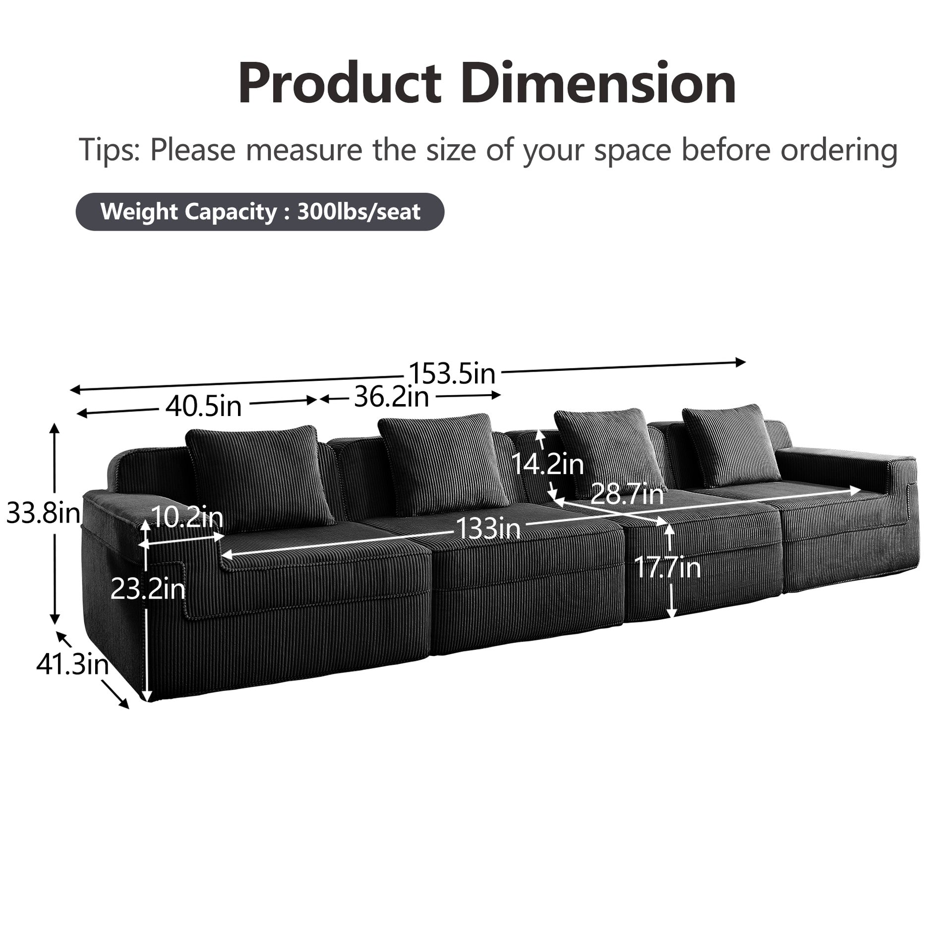 Modular 4 Seat Boneless Sofa, Cloud Sectional Couch with Deep Seat, Modern Modular 4-Seat Sofa Couch with Throw Pillows Corduroy Fabric Black