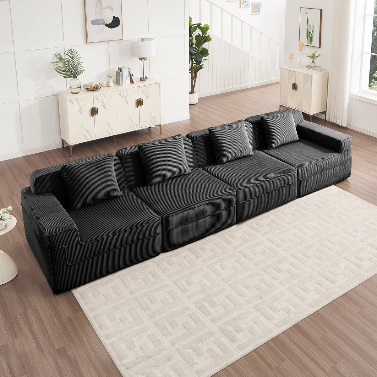 Modular 4 Seat Boneless Sofa, Cloud Sectional Couch with Deep Seat, Modern Modular 4-Seat Sofa Couch with Throw Pillows Corduroy Fabric Black