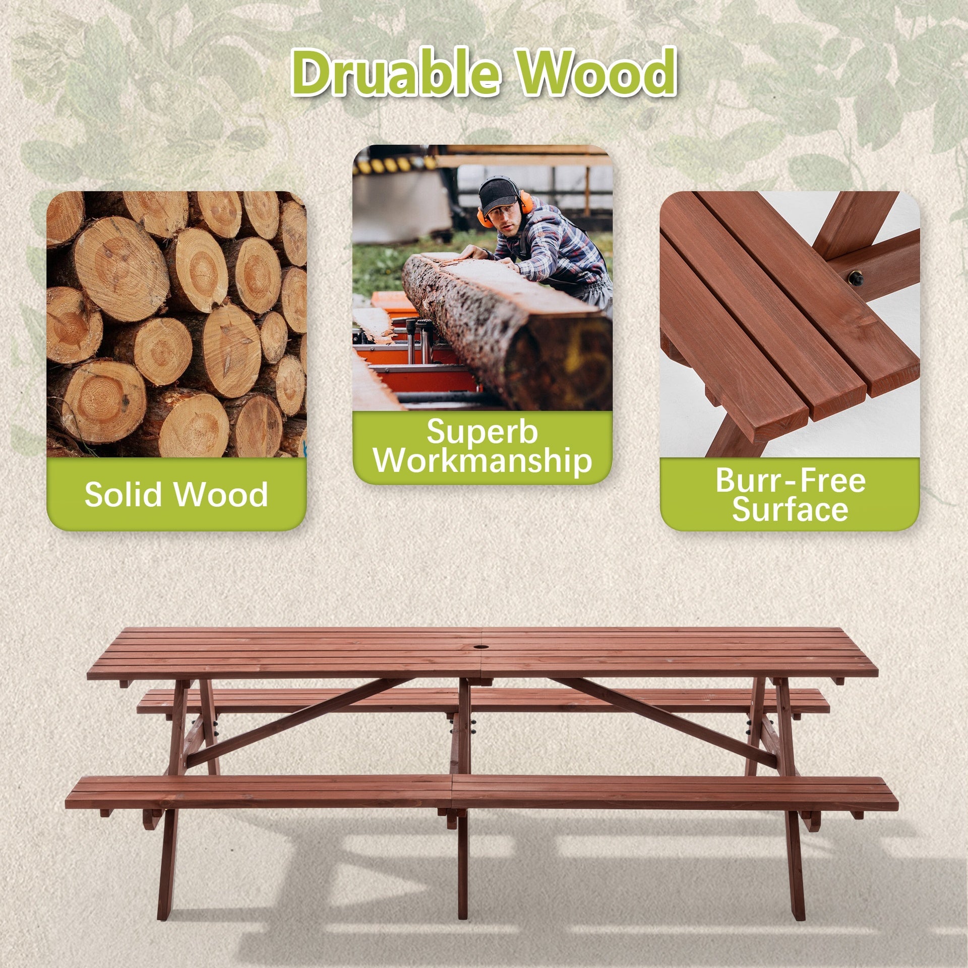 Extra Large 95-Inch Outdoor Picnic Table Set with Benches, 12-Person Wooden Patio Table with Umbrella Hole, Rustic Brown Garden Furniture for Backyard, 240cm