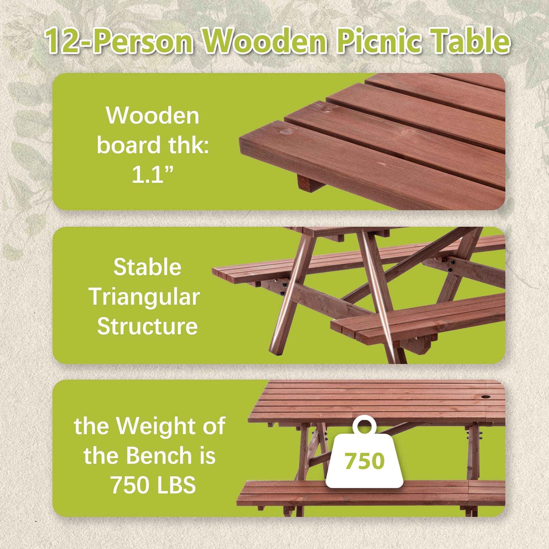 Extra Large 95-Inch Outdoor Picnic Table Set with Benches, 12-Person Wooden Patio Table with Umbrella Hole, Rustic Brown Garden Furniture for Backyard, 240cm