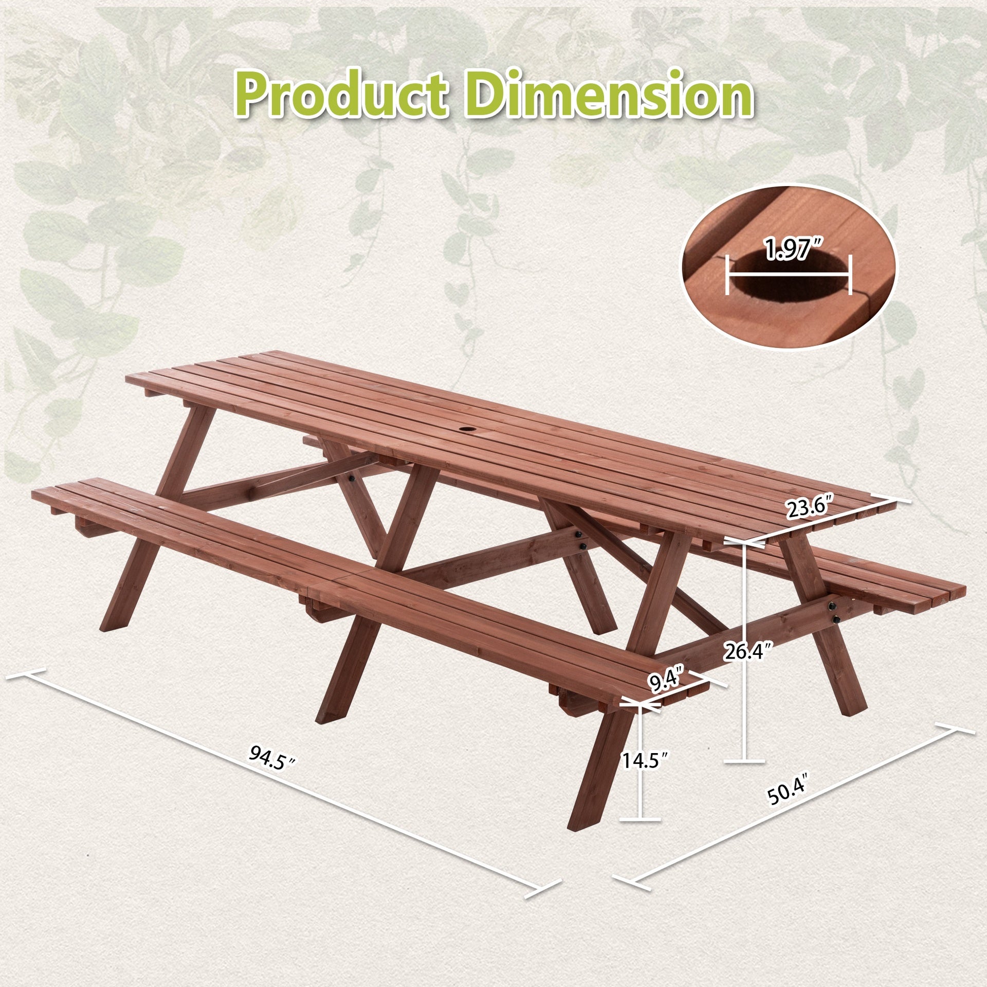 Extra Large 95-Inch Outdoor Picnic Table Set with Benches, 12-Person Wooden Patio Table with Umbrella Hole, Rustic Brown Garden Furniture for Backyard, 240cm