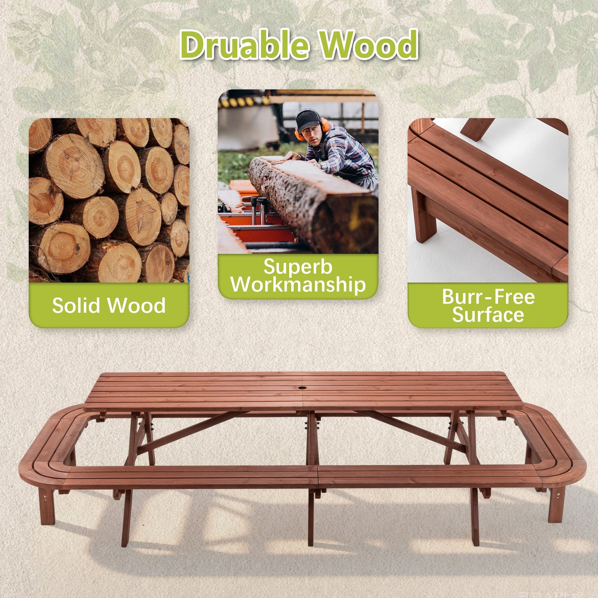 Brown Picnic Table with Benches for 14-16 Persons, Nearly 8-Foot Long Outdoor Wooden Rectangle Table for Patio, Garden, Backyard, Large Outside Dining Set with Umbrella Hole