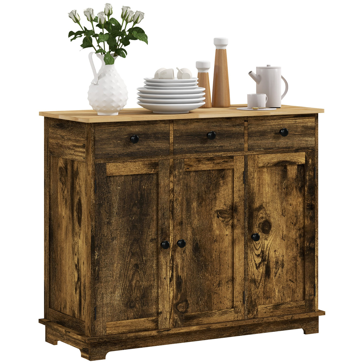 HOMCOM Sideboard with Solid Wood Countertop, Modern Kitchen Storage Cabinet, Coffee Bar Cabinet with 3 Drawers, Doors and Adjustable Shelf, Rustic Brown