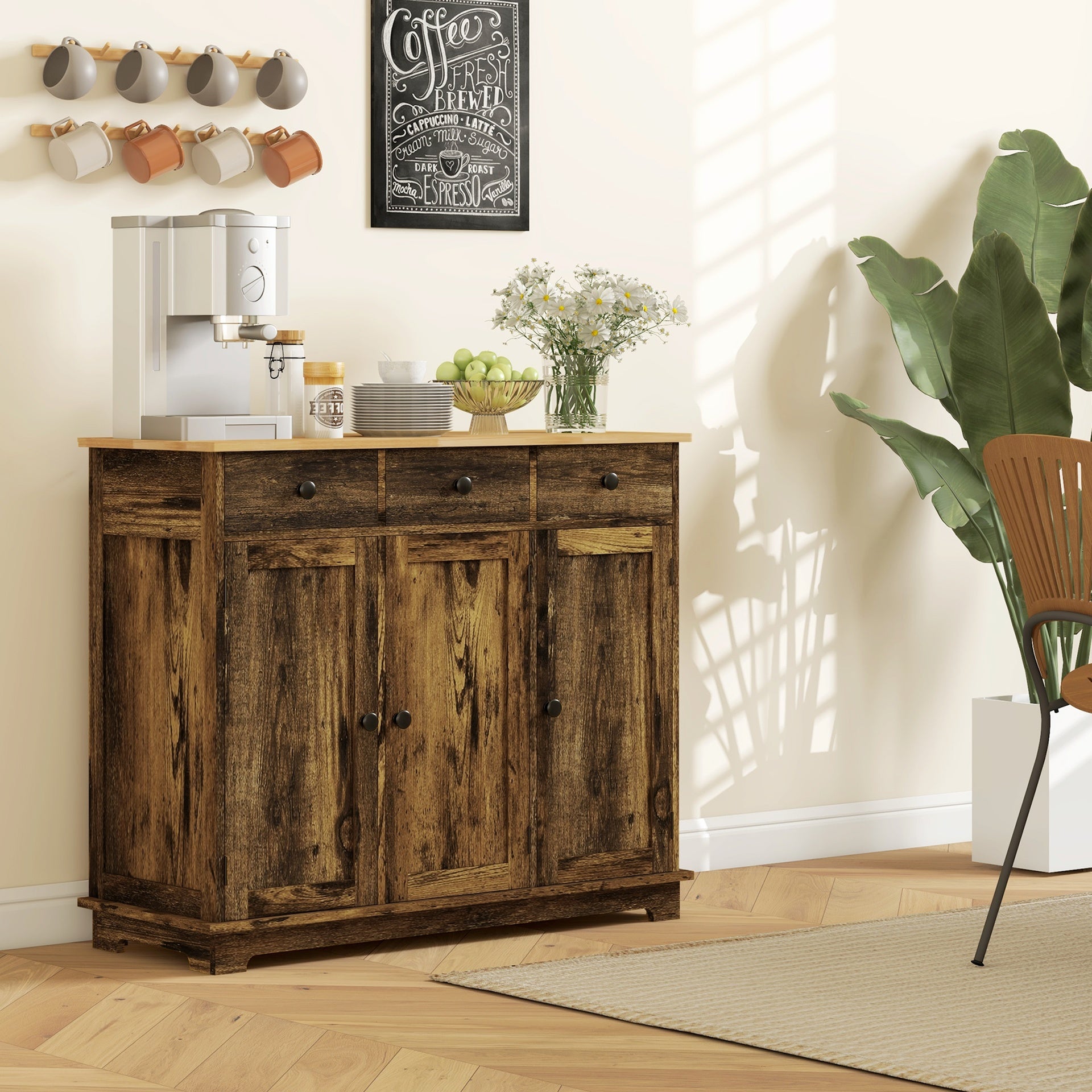 HOMCOM Sideboard with Solid Wood Countertop, Modern Kitchen Storage Cabinet, Coffee Bar Cabinet with 3 Drawers, Doors and Adjustable Shelf, Rustic Brown