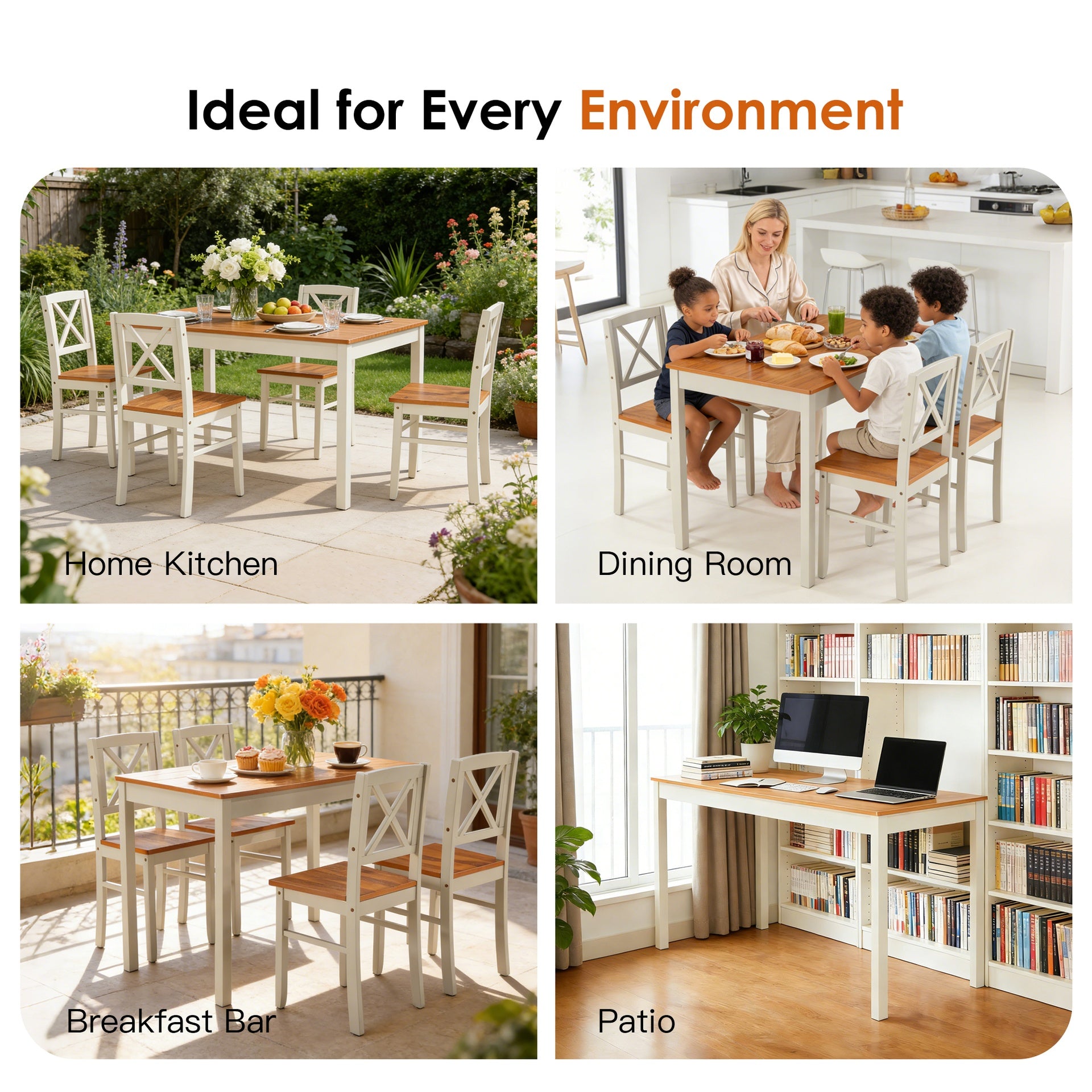 5-Piece Kitchen Dining Set, Solid Rubberwood Table & 4 Chairs, Grey & Dark Brown Space-Saving Design for Small Spaces, Easy to Clean, for Apartment & Restaurant
