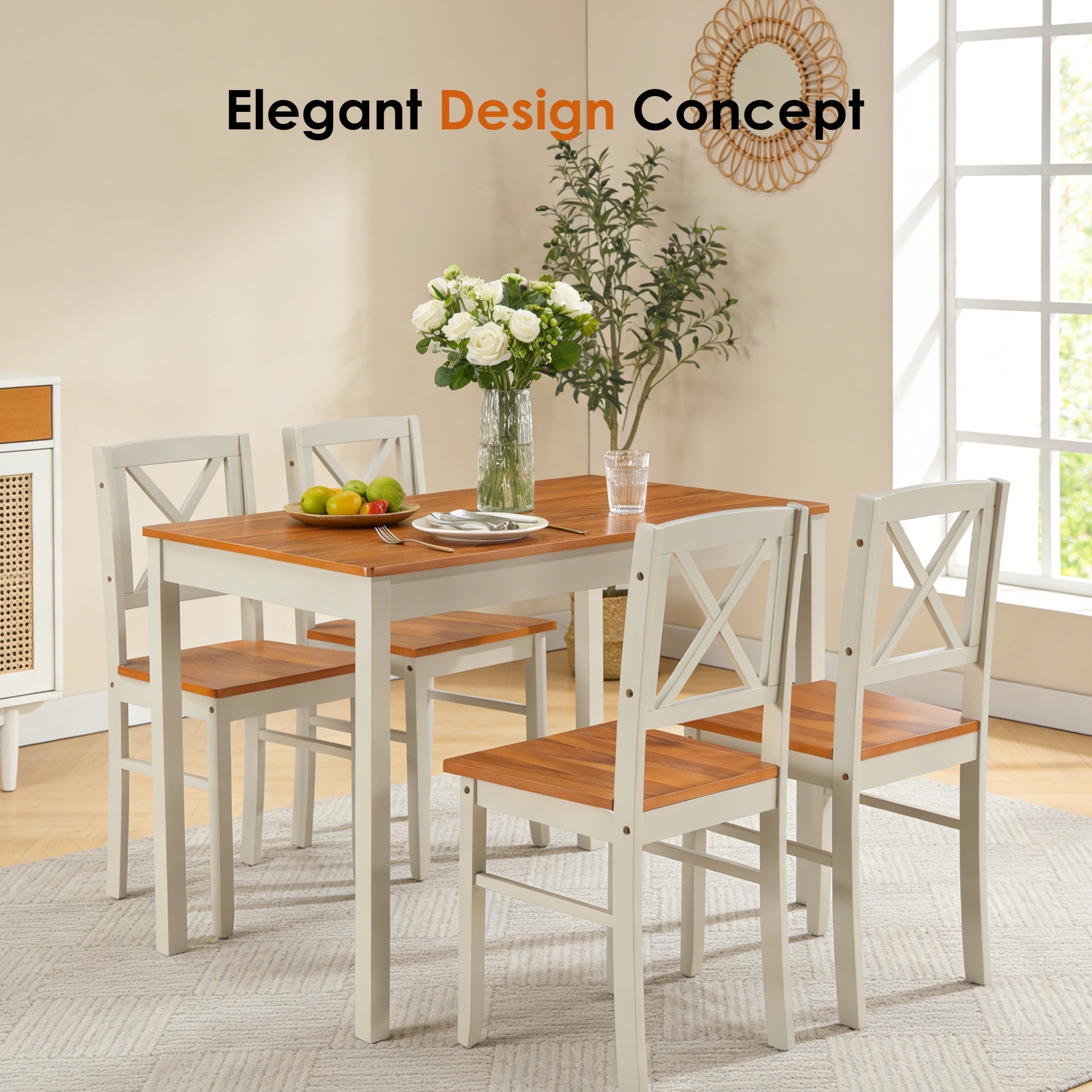 5-Piece Kitchen Dining Set, Solid Rubberwood Table & 4 Chairs, Grey & Dark Brown Space-Saving Design for Small Spaces, Easy to Clean, for Apartment & Restaurant