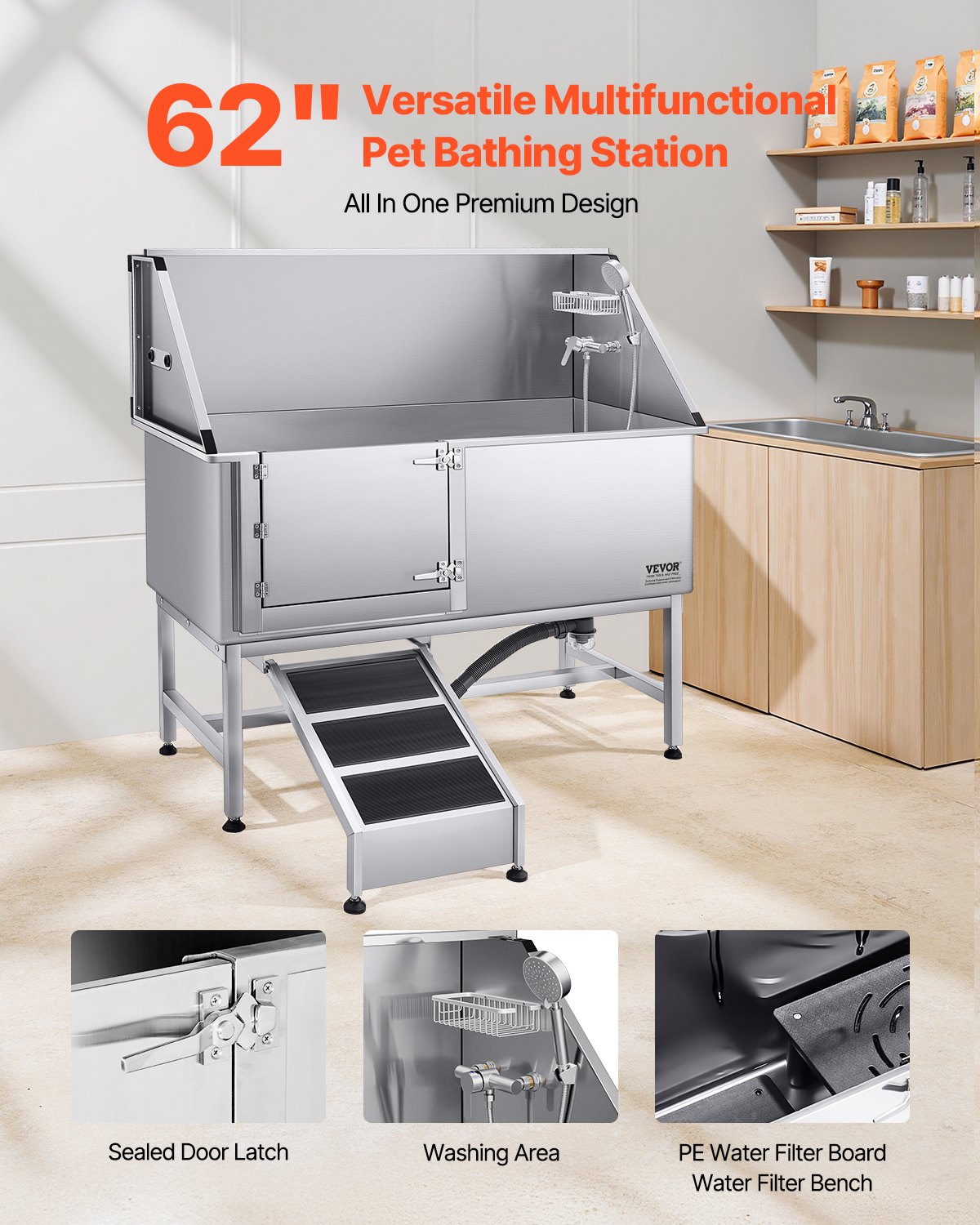 62 Inch Dog Grooming Bath Tub Stainless Steel w Ramp Water Filter Left