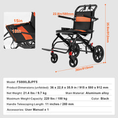 Wheelchair Aluminum Alloy Transport Chair Foldable 18-In W Seat 220lbs