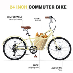 6 Speed, Steel Frame, Multiple Colors 24 Inch Bike,Commuter Bike for Adults