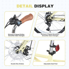 6 Speed, Steel Frame, Multiple Colors 24 Inch Bike,Commuter Bike for Adults