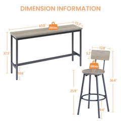 Long Bar Table Set with 3 PU Upholstered Bar Stools, Industrial Bar Table and Chairs for Kitchen Breakfast Table, Living Room, Banquet Hall, Rustic Gray and Black, 63″L x15.7"W x 37.5"H