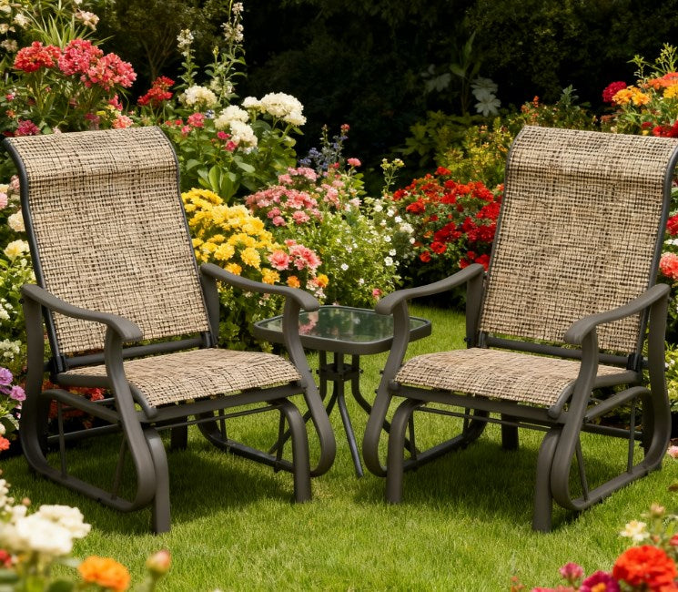 Gliding Chairs,Outdoor Gliders Set Bistro Set with Steel Frame, Tempered Glass Top Table for Patio, Garden