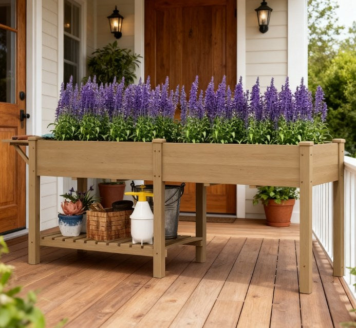 Elevated Garden Bed,Wood Raised Garden Box,with Side Table,Bottom Shelf,Bed Liners and Drainage Holes