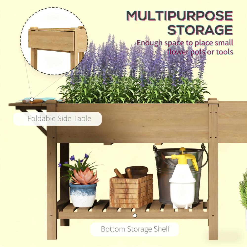Elevated Garden Bed,Wood Raised Garden Box,with Side Table,Bottom Shelf,Bed Liners and Drainage Holes