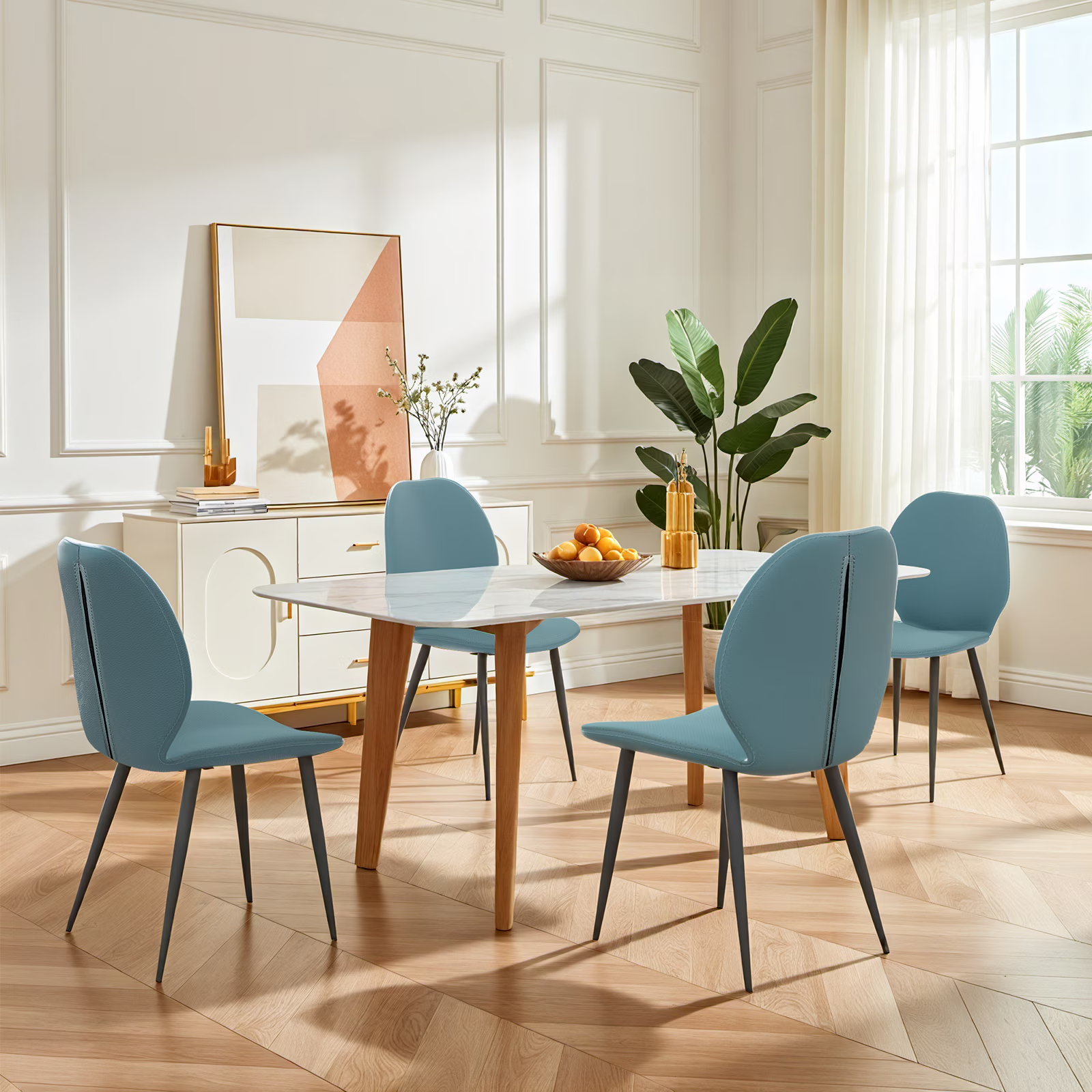 Green Leather Dining Chair with Metal Legs, Shell Shape Upholstered Chair Set of 4 for Kitchen, Restaurant, Living, Meeting Room