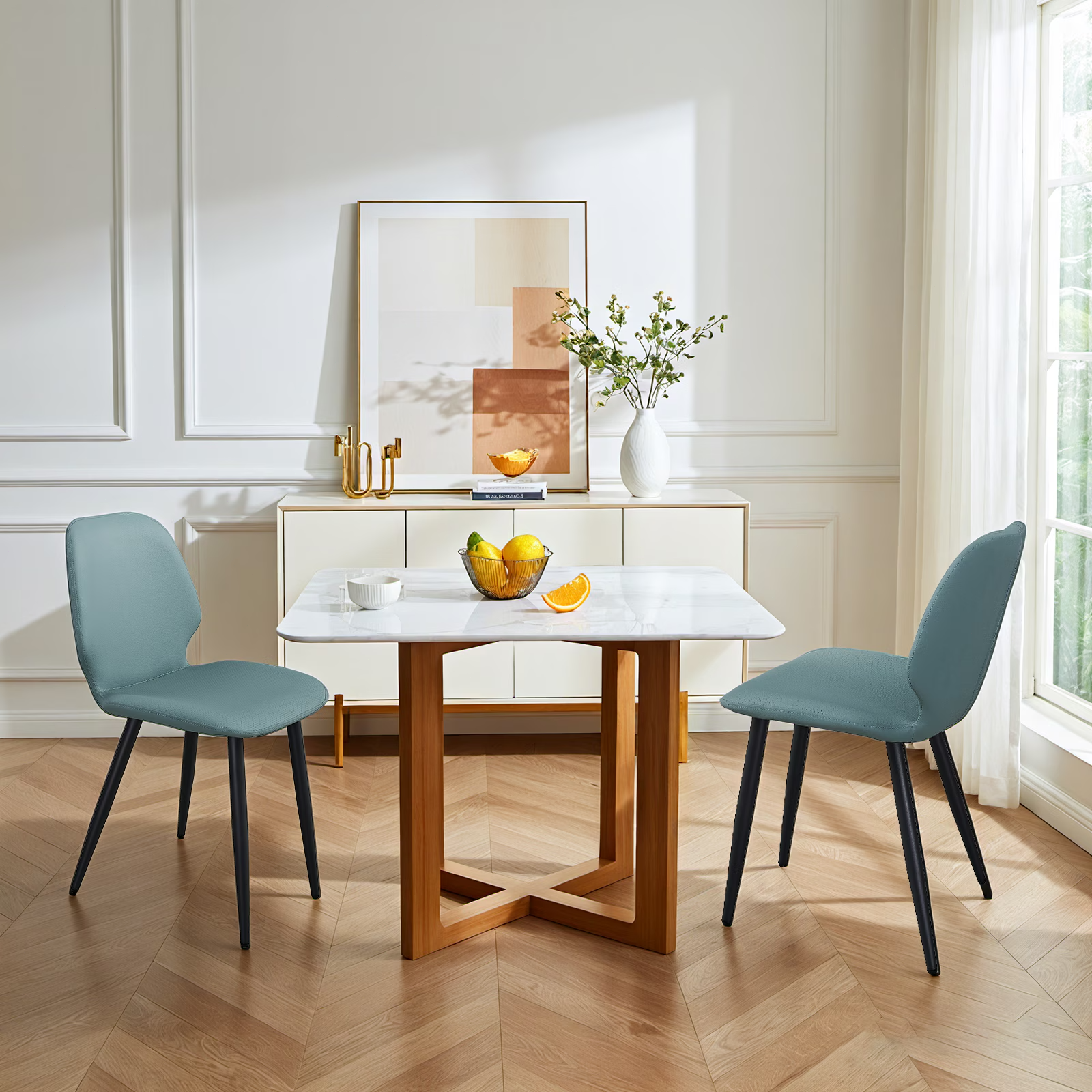 Green Leather Dining Chair with Metal Legs, Shell Shape Upholstered Chair Set of 4 for Kitchen, Restaurant, Living, Meeting Room