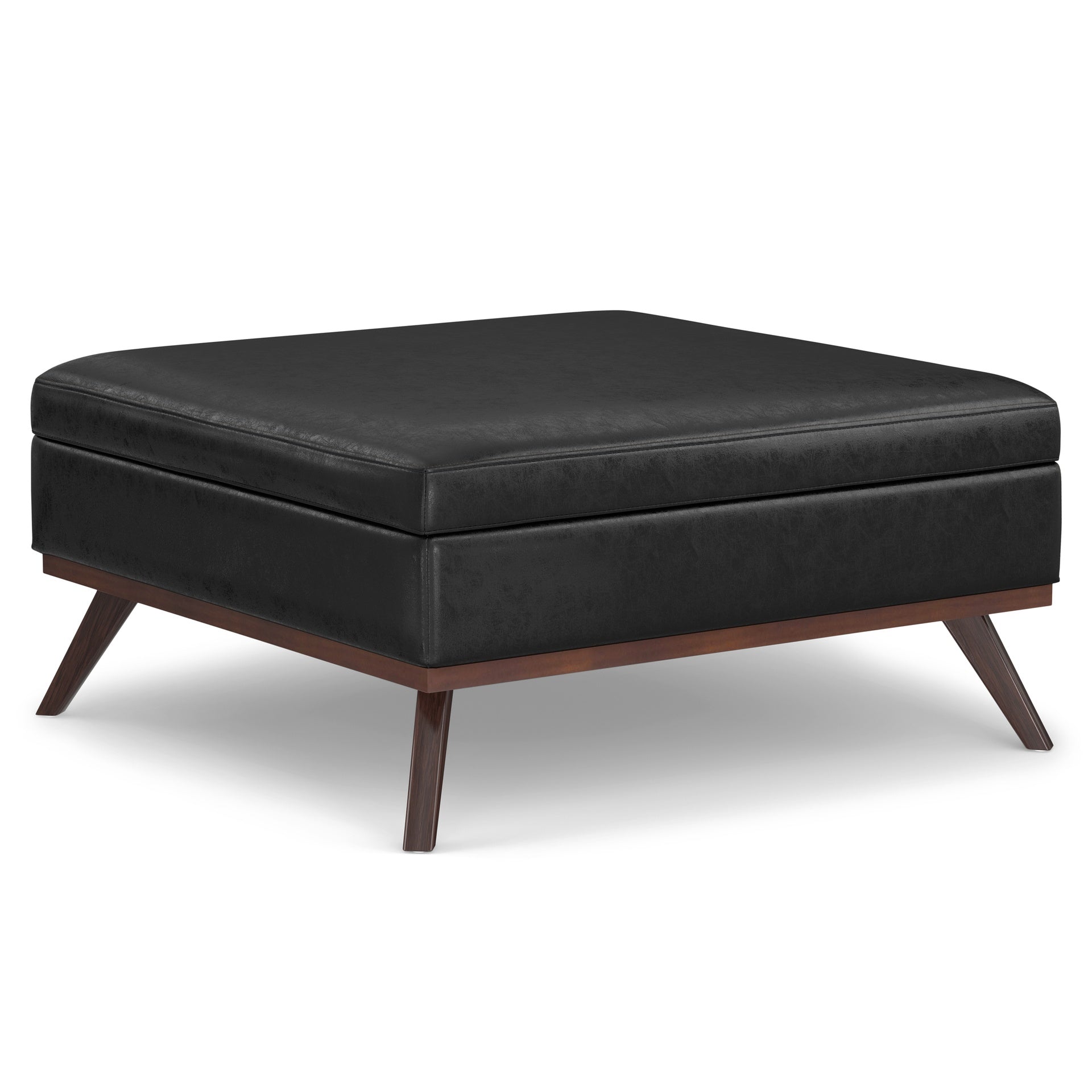 Owen 40 inch Wide XL Square Coffee Table Storage Ottoman in Distressed Black Vegan Leather