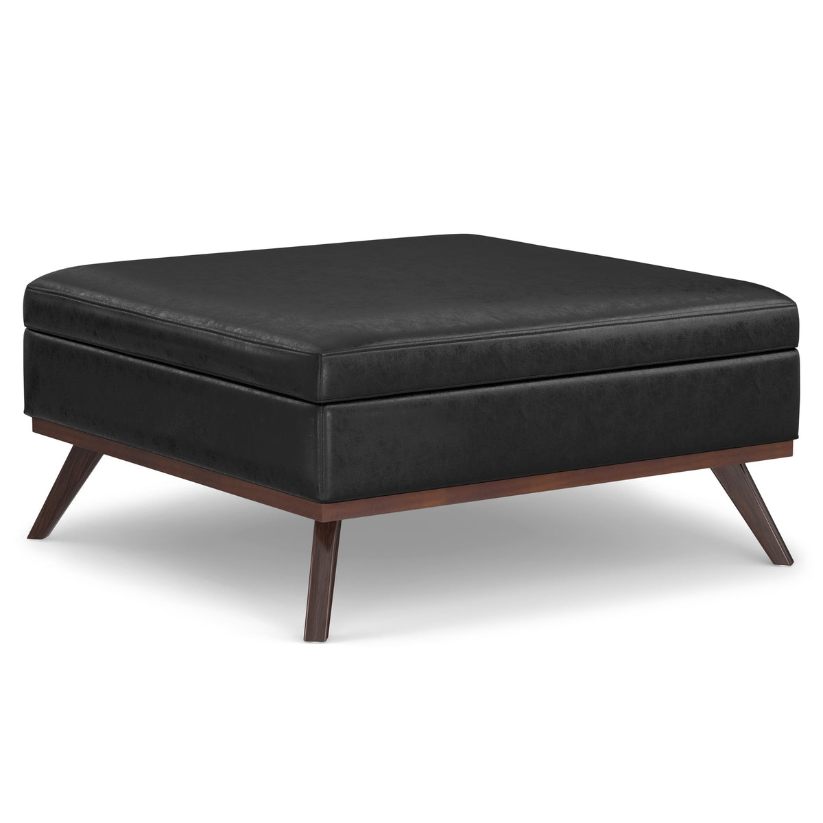 Owen 40 inch Wide XL Square Coffee Table Storage Ottoman in Distressed Black Vegan Leather