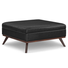 Owen 40 inch Wide XL Square Coffee Table Storage Ottoman in Distressed Black Vegan Leather