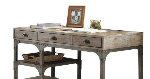 Gorden Weathered Oak Finish Antique Silver Metal Writing Desk