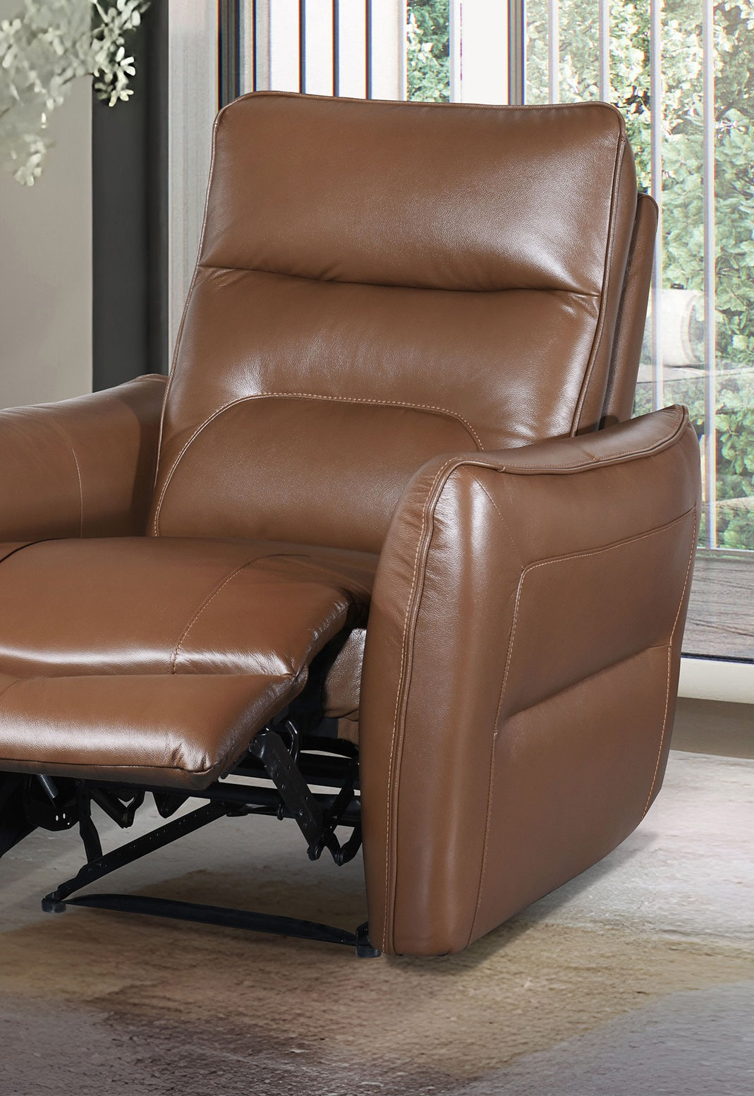 Contemporary Style Caramel Brown Finish Power Recliner Flare Welt Trim Arms Single Power Primary Living Room