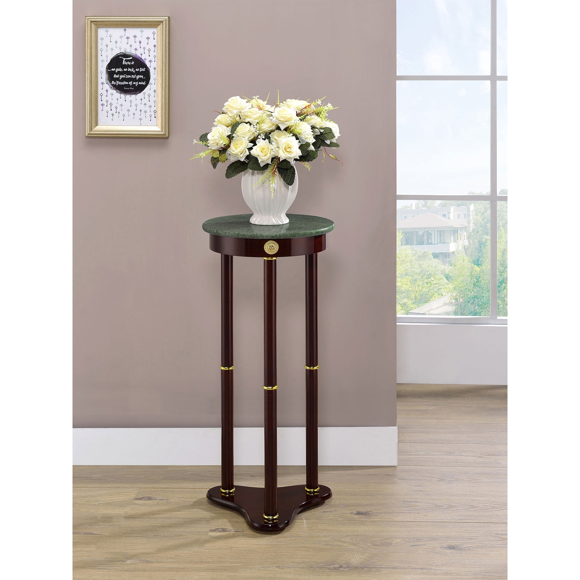 Elna Merlot and Green Accent Side Table with Round Top Plant Stand