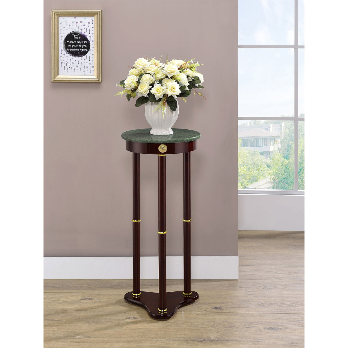Elna Merlot and Green Accent Side Table with Round Top Plant Stand