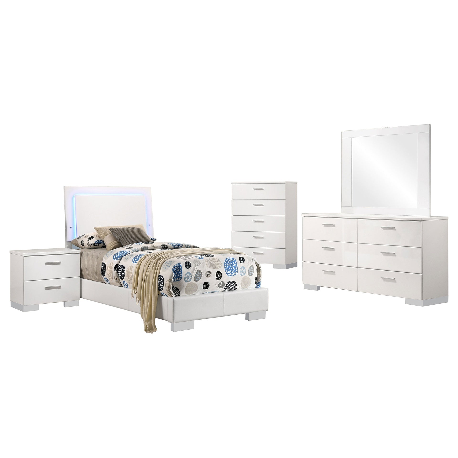 Dulcey White High Gloss 5-piece Twin Bedroom Set