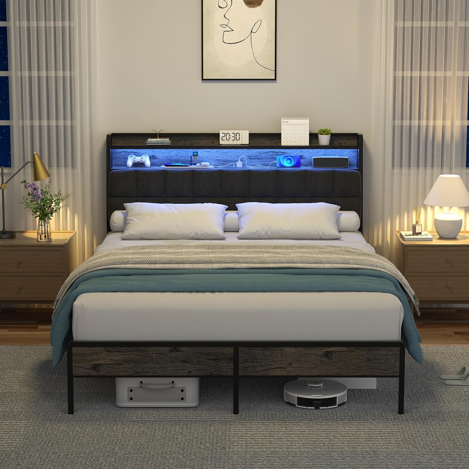 Queen Bed Frame, Ergonomic Headboard with Multi-Space Storage, Bedframe with Charging Station RGB LED Lights