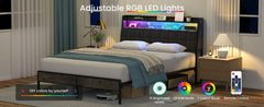 Queen Bed Frame, Ergonomic Headboard with Multi-Space Storage, Bedframe with Charging Station RGB LED Lights