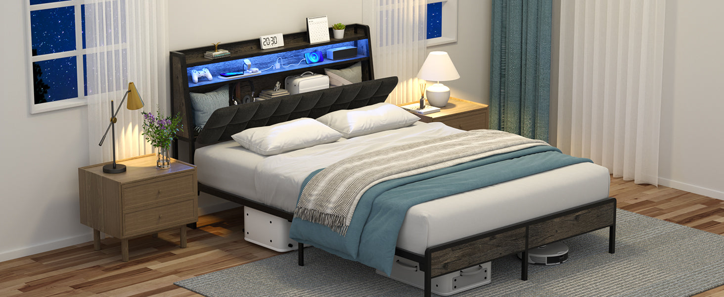 Queen Bed Frame, Ergonomic Headboard with Multi-Space Storage, Bedframe with Charging Station RGB LED Lights