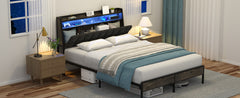 Queen Bed Frame, Ergonomic Headboard with Multi-Space Storage, Bedframe with Charging Station RGB LED Lights