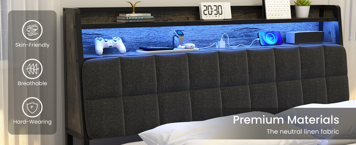 Queen Bed Frame, Ergonomic Headboard with Multi-Space Storage, Bedframe with Charging Station RGB LED Lights