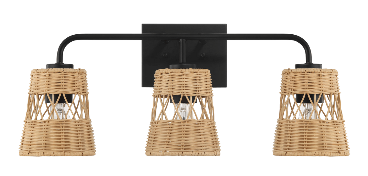Moonlit Three Lights Wall Sconce With Rattan Shade, Bathroom Lighting Fixtures Over Mirror