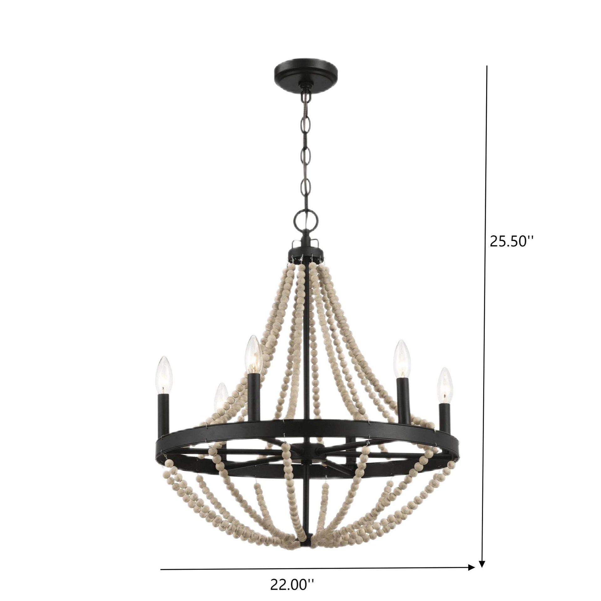 Starry Wood Chandelier Farmhouse Six Candle Light Wood Beaded Black Pendant Light for Dining Room