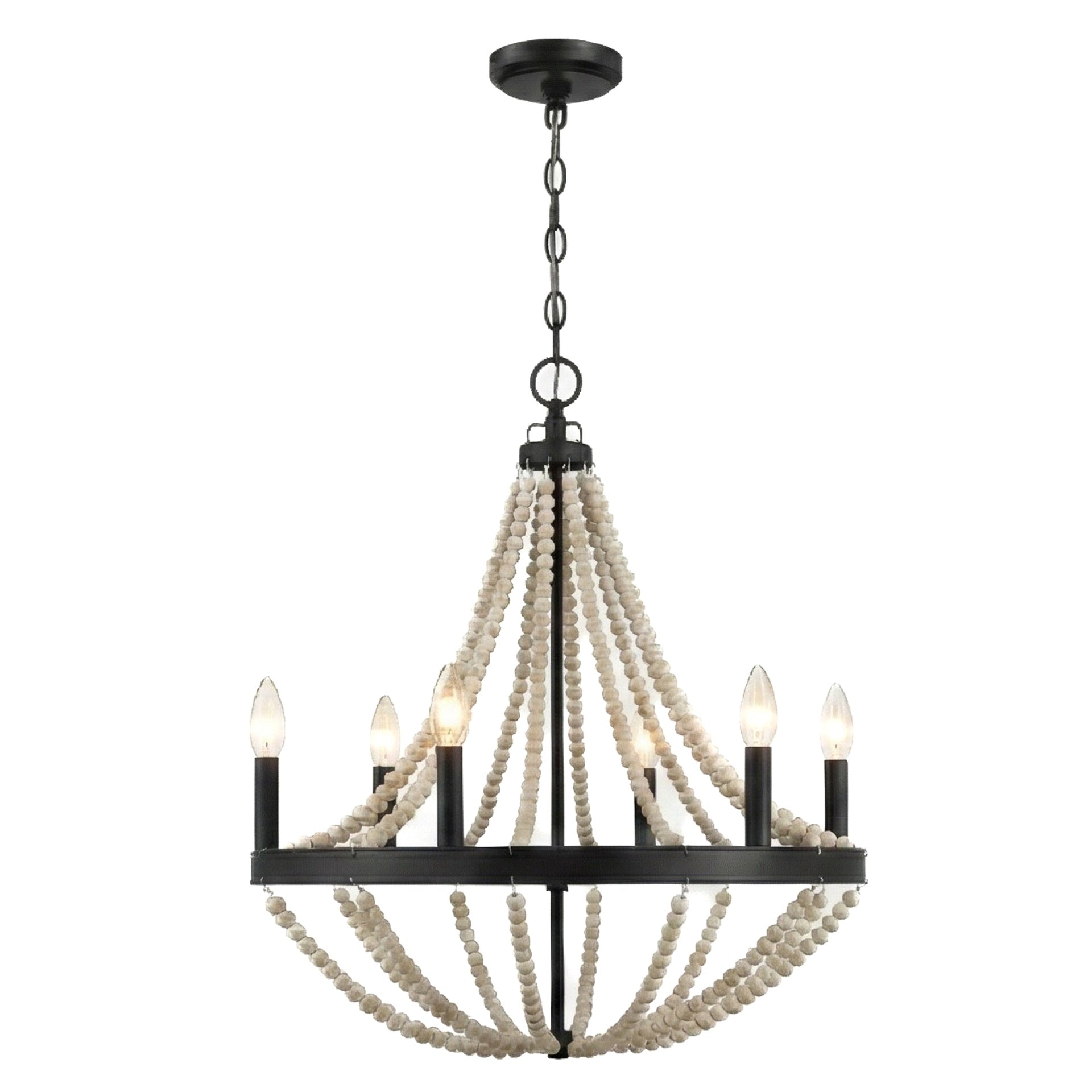 Starry Wood Chandelier Farmhouse Six Candle Light Wood Beaded Black Pendant Light for Dining Room